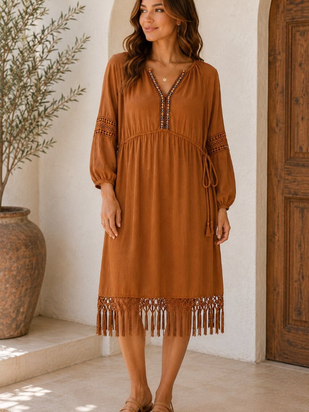 Hailey & Co. Boho Fringe Midi Dress Rust Rayon Side Tie Crochet Trim Large